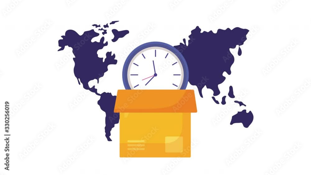 Poster logistic service animation with world planet and watch in box