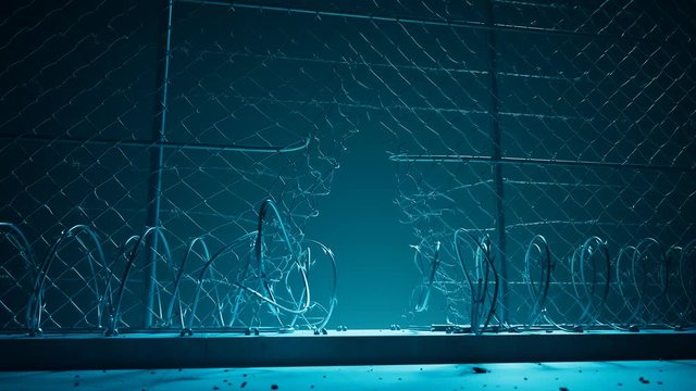 Broken jail fence. Escape. Night blue light. Leave the jail. Freedom. 4k HD