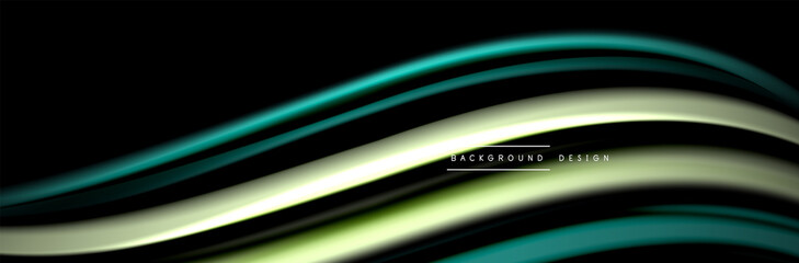 Silk and smooth flow wave poster design. Color waves, liquid style lines and shapes in black color background