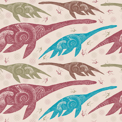 Plesiosaur. Seamless pattern. Packing old paper, scrapbooking style. Vintage background. Medieval manuscript, engraving art. Nessie, Loch Ness monster. Prehistoric underwater dinosaur double exposure