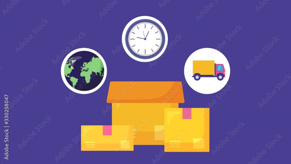 Poster logistic service animation with boxes and set icons