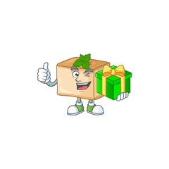 Cheerful basbousa cartoon character holding a gift box