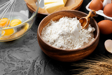 Ingredients for baking - flour, eggs, butter