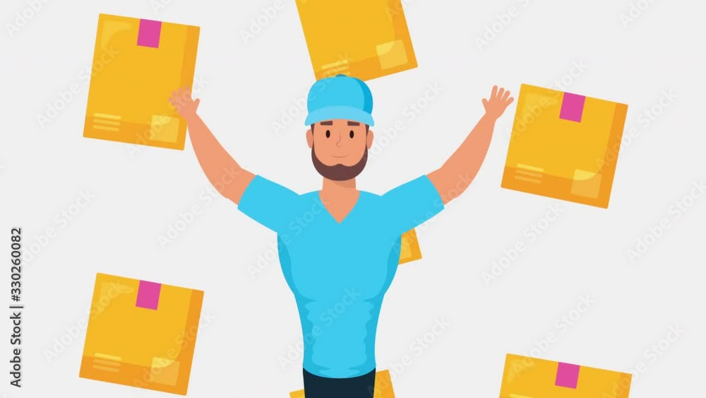 Poster logistic service worker with boxes and envelopes