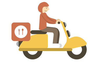 food delivery driver with red uniform on a yellow motorbike