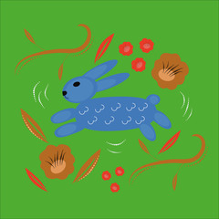 rabbit vector hand-drawn illustration.Wild animal drawing in Scandinavian style. Cute cartoon rabbit character poster. Colorful leaves and flowers. Floral flat background. Kid book, t-shirt.