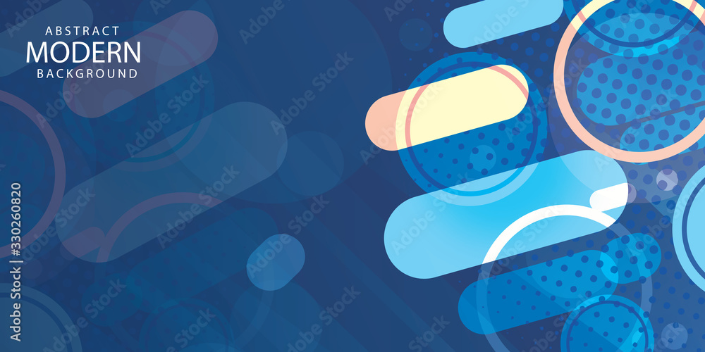 Poster modern style abstraction with composition made of various rounded shapes in blue color