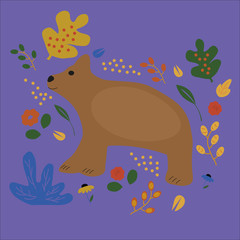 Bear is a flat drawn illustration. Cute cartoon character brown bear background. Leaves, flowers in Scandinavian style. Cartoon bear with a cute face.Isolated objects for your design. 