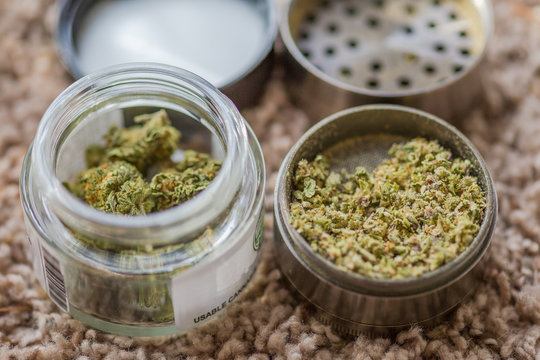 Cannabis Buds in Container, Cannabis in Grinder