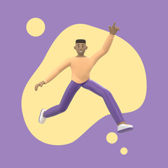 Fototapeta na wymiar Positive character in colored clothes on an abstract stain background. A young cheerful African guy runs, dances, jumps, levitates and flies. Funny cartoon people. 3D rendering.