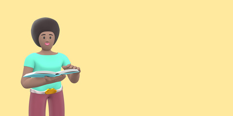 Character young african girl fan of literature reading a book. Funny, abstract cartoon people isolated on a yellow background. 3D rendering.