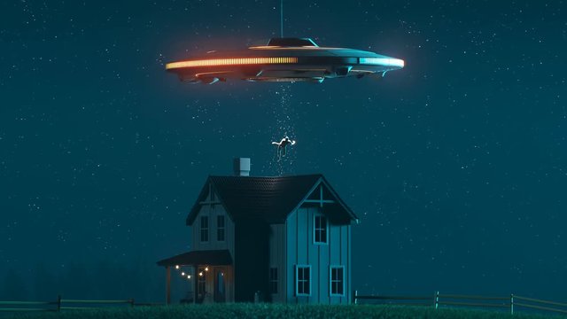 Alien invasion Silhouette of the shiny metal flying saucer. Bright light beam.