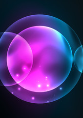 Glowing neon shiny transparent bubbles, glass circles or bio cell concept. Techno futuristic vector abstract background For Wallpaper, Banner, Background, Card, Book Illustration, landing page