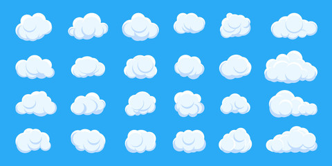 White cloud cartoon style set on blue sky background. Graphic weather symbol clouds icon for text, design web service. Template sticker of different shape fun air bubbles. Isolated vector illustration