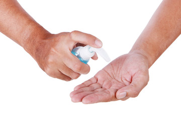 Man hand wash hand by using alcohol gel isolated on white background.