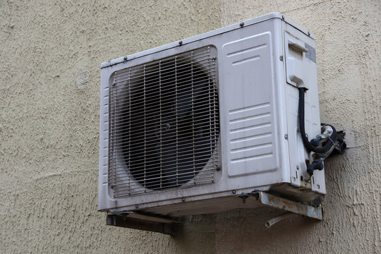 Industrial air conditioning sustem on the wall outdoors from the side