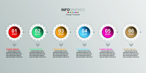 Creative infographic design template, 6 Concept gear text boxes with pictograms.