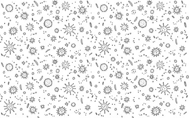 Virus, Coronavirus. Background, pattern, frame with outline Molecules and cells viral bacteria infection. Simple doodle black and white icons. Microbiology