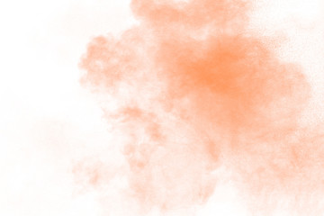 Freeze motion of brown powder exploding. Abstract design of brown dust cloud against white...
