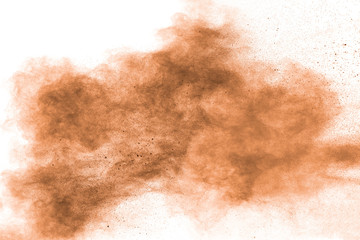 Freeze motion of brown powder exploding. Abstract design of brown dust cloud against white...