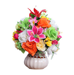 Colorful multicolored flowers bouquet in vase isolated on white background , clipping path