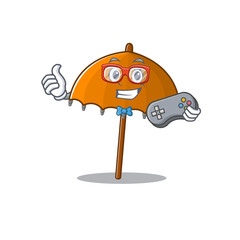 Cool gamer of orange umbrella mascot design style with controller