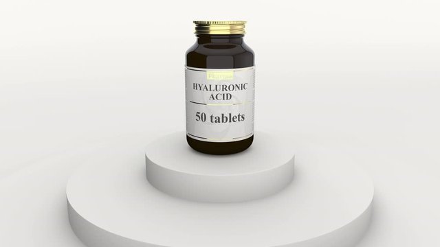 Pharmacy bottle with generic hyaluronic acid tablets and fictional logo. Healthy lifestyle supplements or pharmaceutical industry related 3D animation