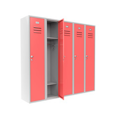 Row of red metal gym lockers with one open door
