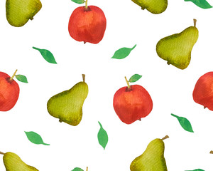 Watercolor hand drawn seamless pattern with red apple and green pear on white background . Fruit seamless pattern. 