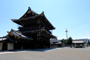 夏の京都　青天の東本願寺の御影堂門の風景