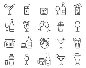 Alcohol and cocktails icon set. Editable vector stroke.