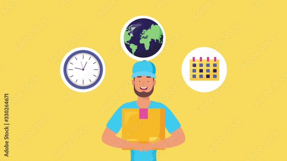 Poster logistic service worker lifting box and set icons