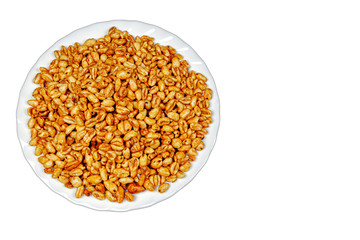 Wheat grain with honey, top view, text space