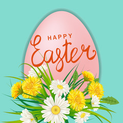 Happy Easter Eagg lettering template banner dandelions and daisies, grass, floral background