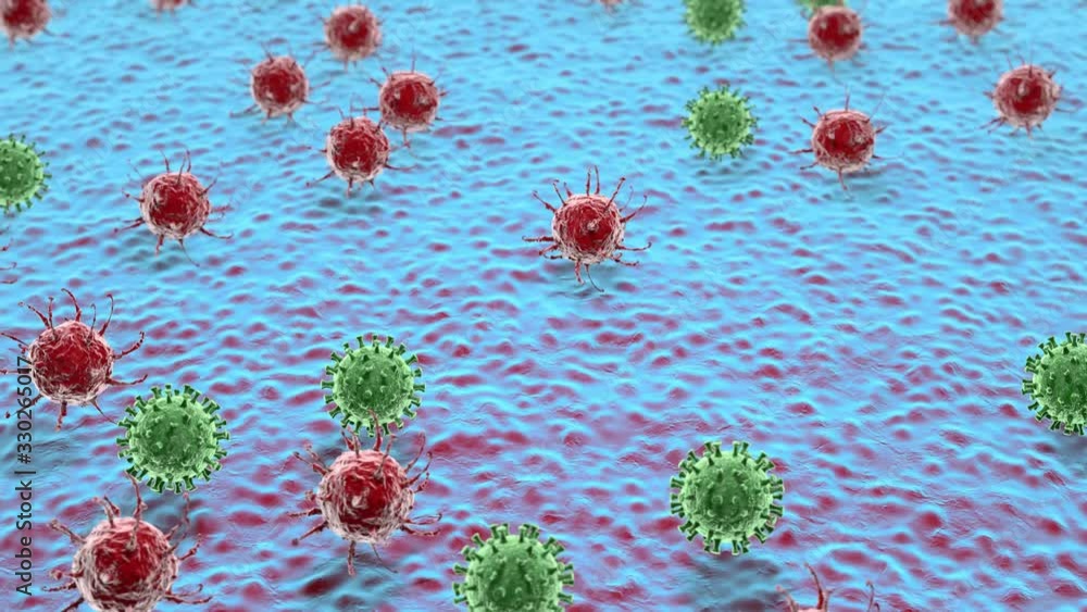 Poster 3d animation of multiple green and red viruses moving above the surface. 4k animation for medical co