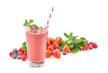Strawberry, raspberry fruit smoothie. Berry detox diet sweet concept. Mixed red berries smoothie background. Cocktail strawberry, raspberry, blueberry, smoothies isolated on white