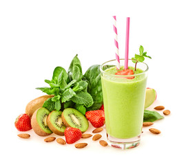 Spinach, apple, strawberry, mint fruit green smoothie. Detox fresh healthy eating diet concept. Green apple fruit berry vegan smoothie isolated on white. Freshness fruity greens smoothie