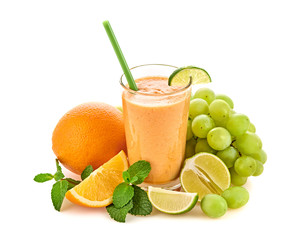 Orange, grape, mint fruit smoothie in glass. Detox fresh healthy diet concept. Fruit orange green vegan smoothie isolated on white. Homemade delicious vegetarian smoothie cocktail