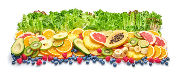 Fresh fruit berries green salad collection. Tropical papaya, pineapple, apple, orange, kiwi,mixed citrus salads food isolated on white. Healthy fruity diet concept. Fruit background