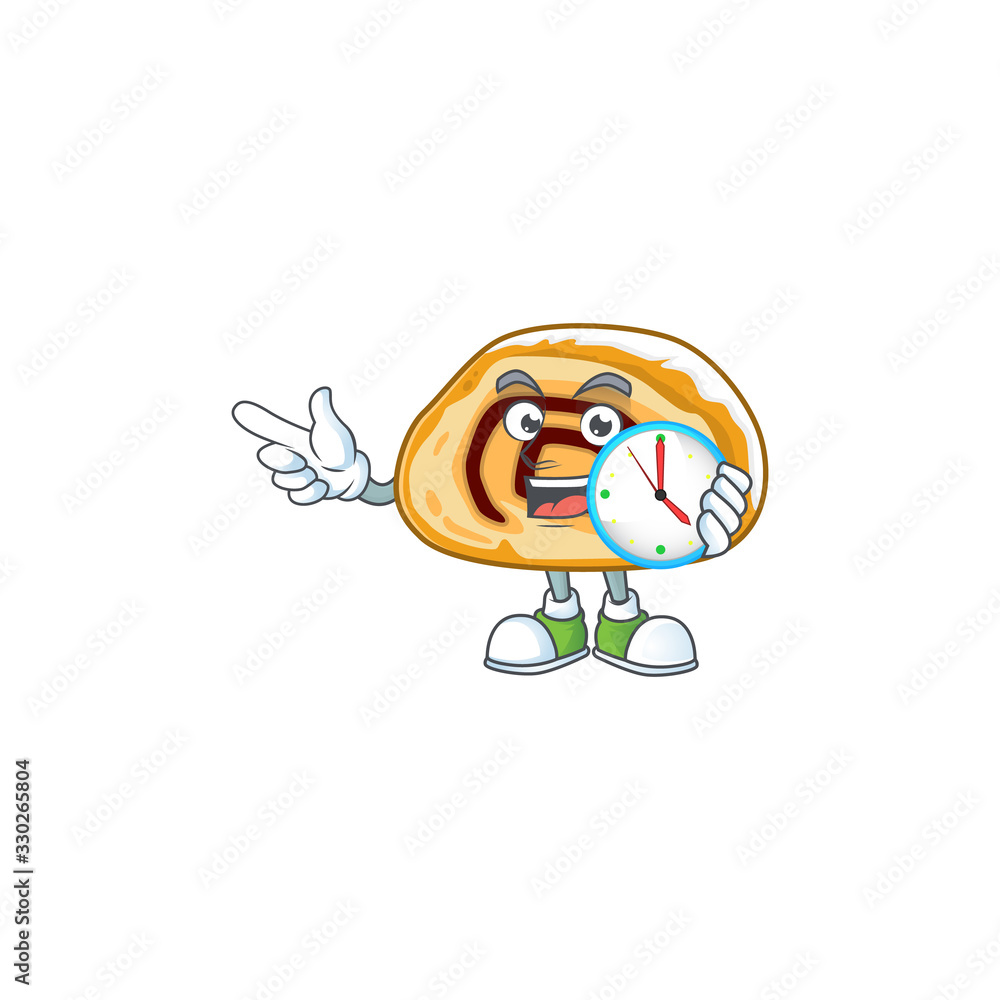 Poster cartoon character style of cheerful swiss roll with clock