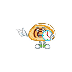 cartoon character style of cheerful swiss roll with clock