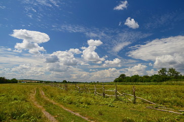 Fototapeta na wymiar landscape with a country road, cattle fence, field, forest, and clouds at summer