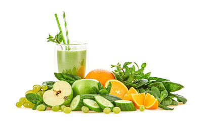 Spinach, apple, cucumber, mint fruit green smoothie. Detox fresh healthy eating diet concept. Green apple fruit vegan smoothie isolated on white. Freshness fruity greens cocktail