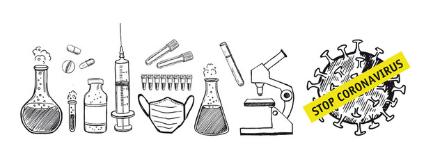 Laboratory research vector hand drawn icons set. Coronavirus.