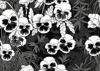 .Pansies and various of herbs. Monochrome vector seamless pattern. Hand drawn illustration of ornamental plant.