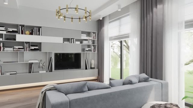 Camera span across a modern open living space. 3d render