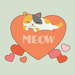 The character of cute cat sitting on the big heart pillow. The character of cue cat sitting and relaxing on the heart pillow. The character of cute cat in flat vector style.