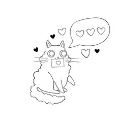Cute cat. Love message. Hearts. Stickers. Isolated vector objects. 