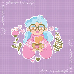 Girl in glasses is drinking hot tea. Flowers and leaves. Hearts. Stickers. Checkered background. Isolated vector objects.
