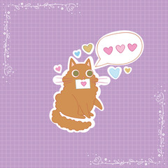 Cute cat. Love message. Hearts. Stickers. Checkered background. Isolated vector objects. 